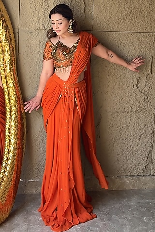Orange Georgette & Net Cutdana Handwork Pre-Draped Saree Set by LASHA