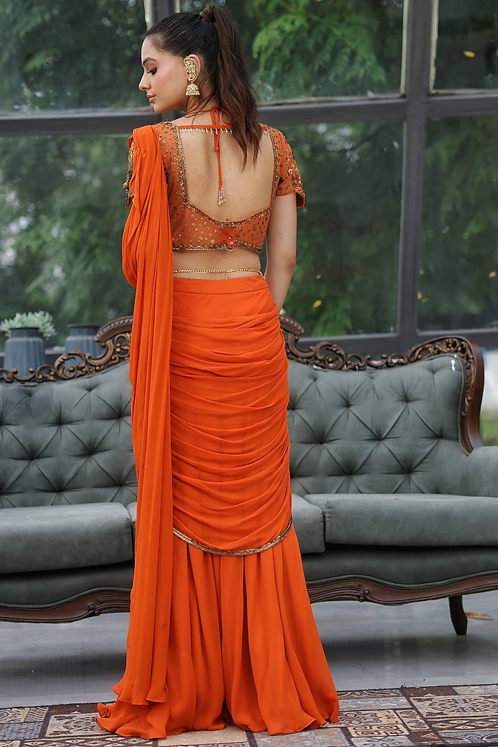 Orange Georgette & Net Cutdana Handwork Pre-Draped Wedding Saree Set by LASHA at Pernia's Pop Up Shop