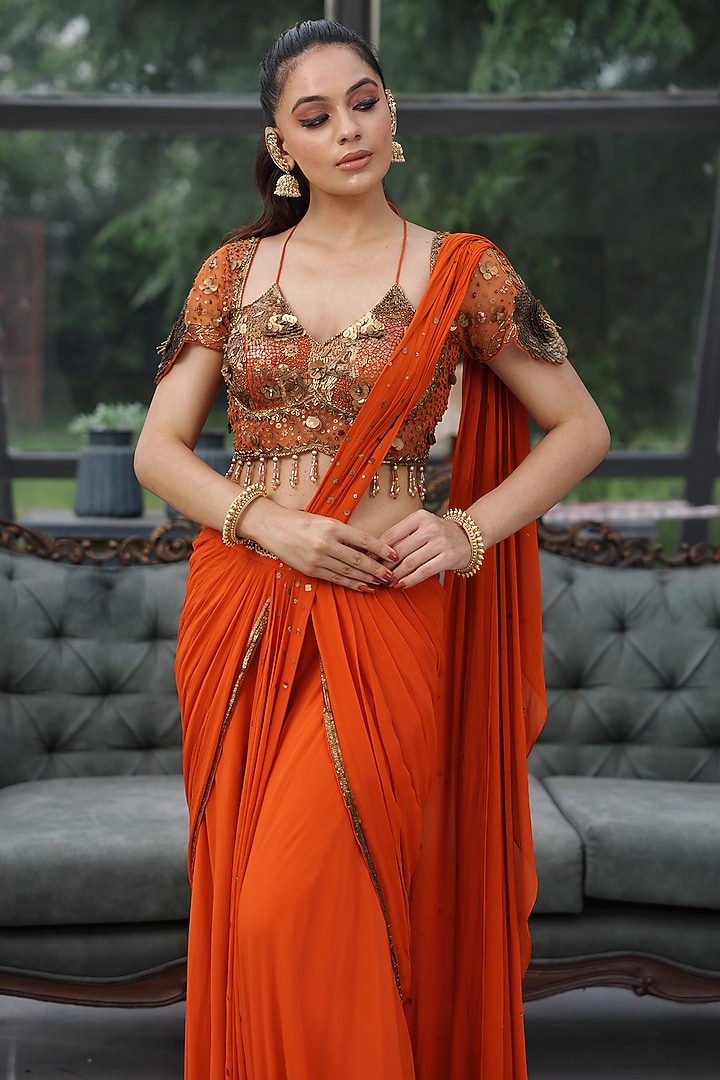 Orange Georgette & Net Cutdana Handwork Pre-Draped Wedding Saree Set by LASHA at Pernia's Pop Up Shop