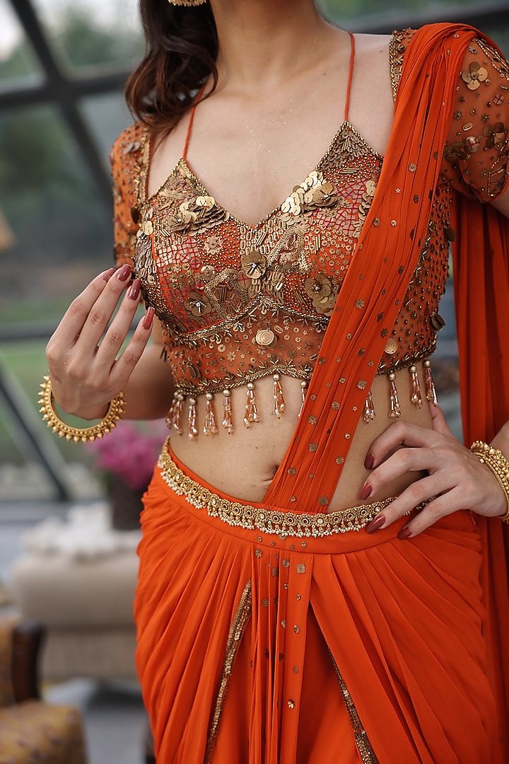 Orange Georgette & Net Cutdana Handwork Pre-Draped Wedding Saree Set by LASHA at Pernia's Pop Up Shop