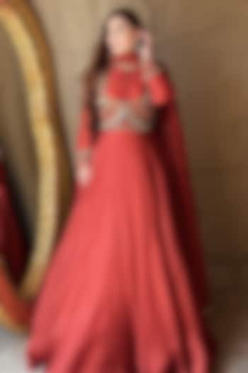 Orange Silk Hand Embroidered Wedding Anarkali With Dupatta by LASHA at Pernia's Pop Up Shop