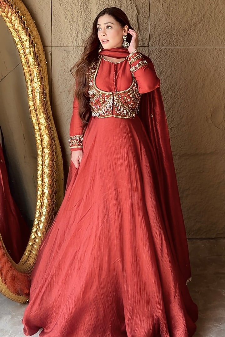 Orange Silk Hand Embroidered Wedding Anarkali With Dupatta by LASHA at Pernia's Pop Up Shop