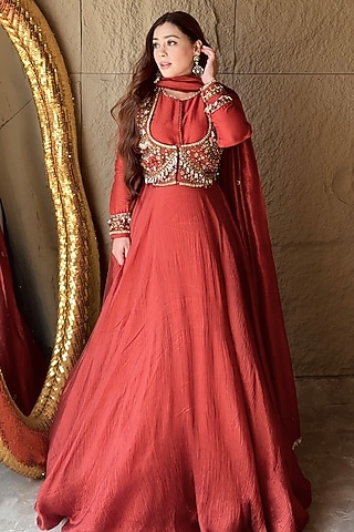 Orange Silk Hand Embroidered Anarkali With Dupatta by LASHA