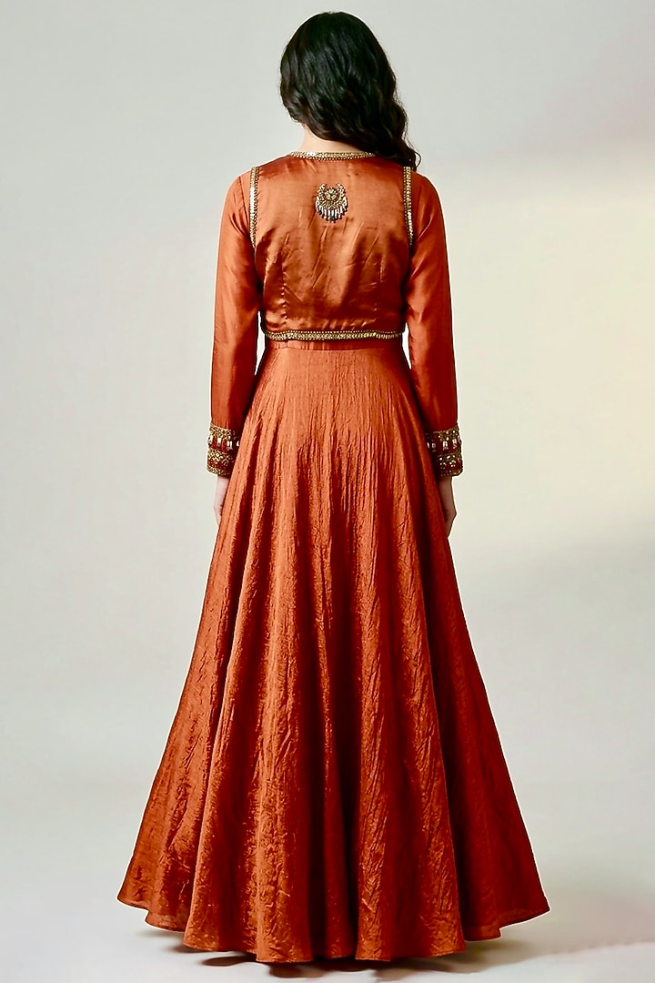 Orange Silk Hand Embroidered Wedding Anarkali With Dupatta by LASHA at Pernia's Pop Up Shop