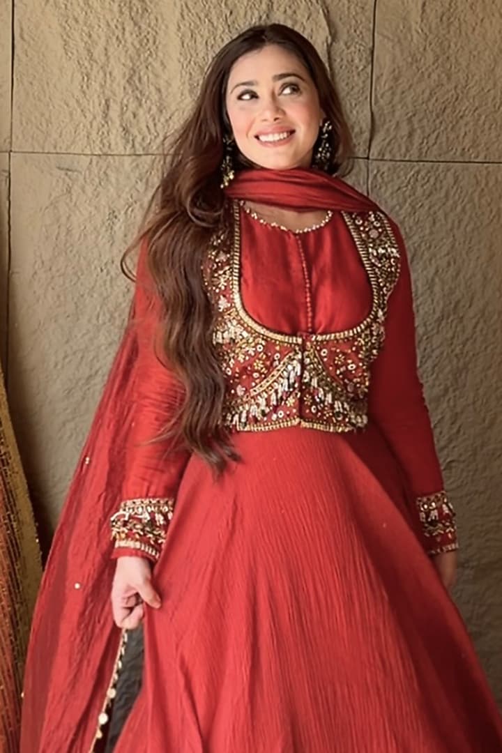 Orange Silk Hand Embroidered Wedding Anarkali With Dupatta by LASHA at Pernia's Pop Up Shop