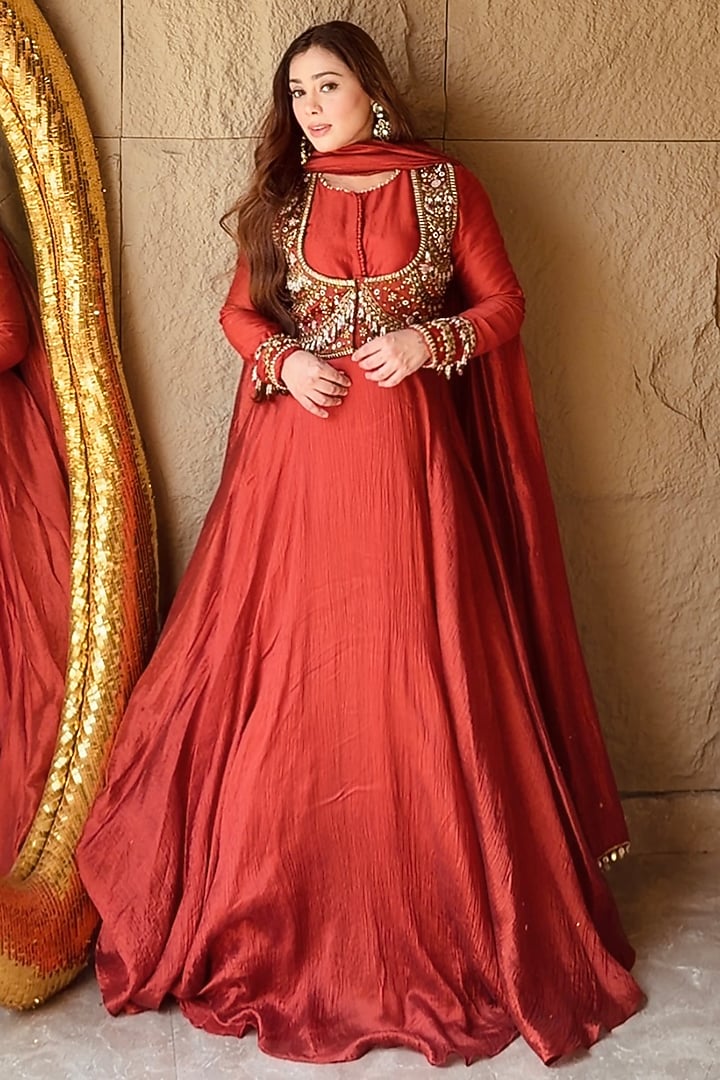 Orange Silk Hand Embroidered Wedding Anarkali With Dupatta by LASHA at Pernia's Pop Up Shop