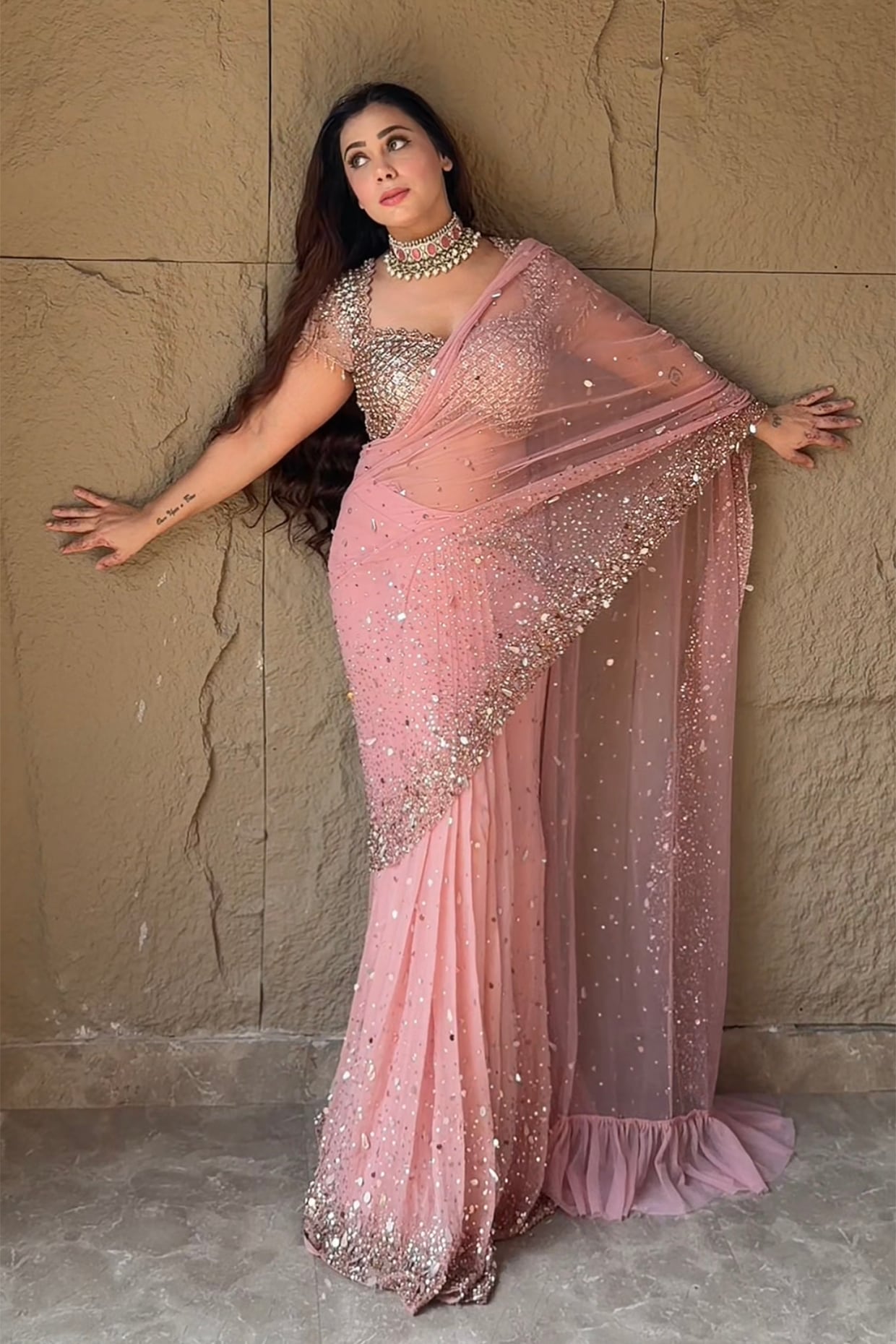LASHA Peach Organza Handwork Pre-Draped Saree Set