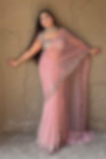 Peach Organza Handwork Pre-Draped Wedding Saree Set by LASHA at Pernia's Pop Up Shop
