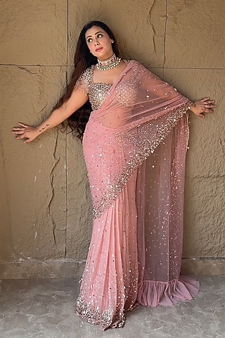 Peach Organza Handwork Pre-Draped Saree Set by LASHA