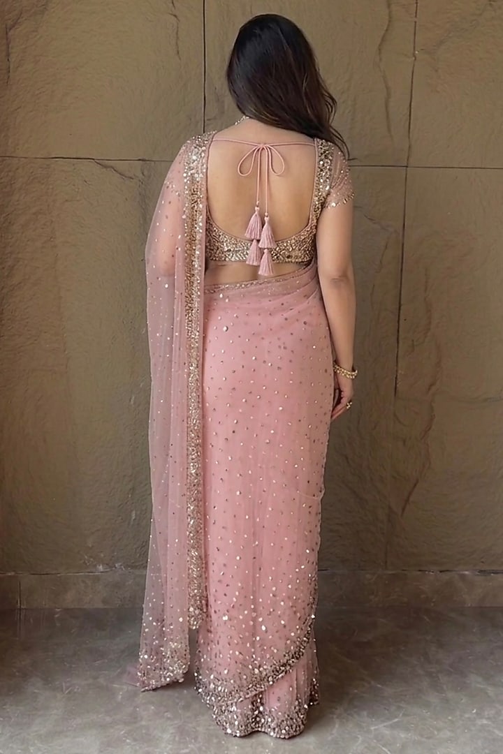 Peach Organza Handwork Pre-Draped Wedding Saree Set by LASHA at Pernia's Pop Up Shop
