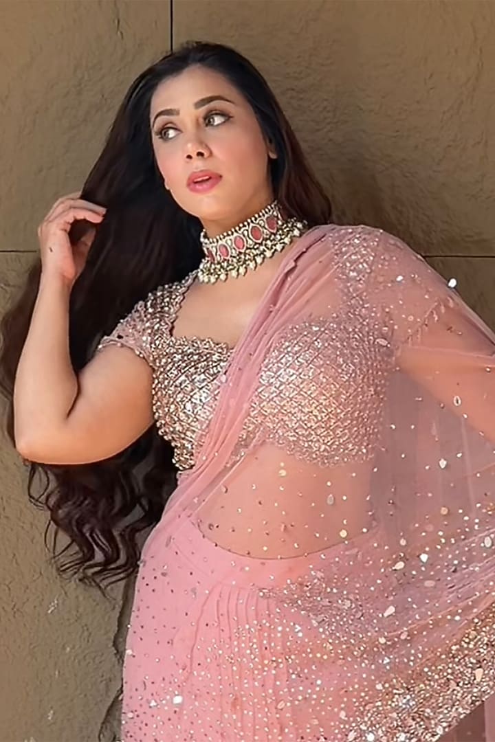 Peach Organza Handwork Pre-Draped Wedding Saree Set by LASHA at Pernia's Pop Up Shop