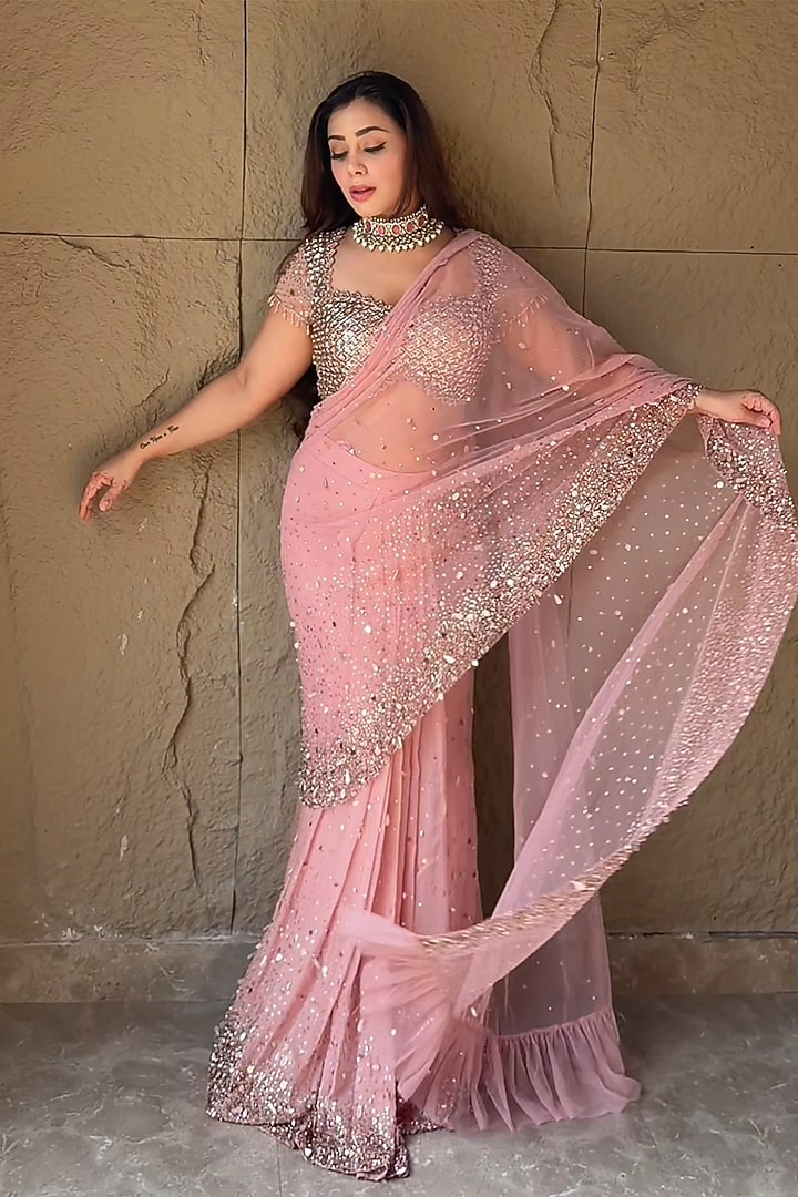 Peach Organza Handwork Pre-Draped Wedding Saree Set by LASHA at Pernia's Pop Up Shop