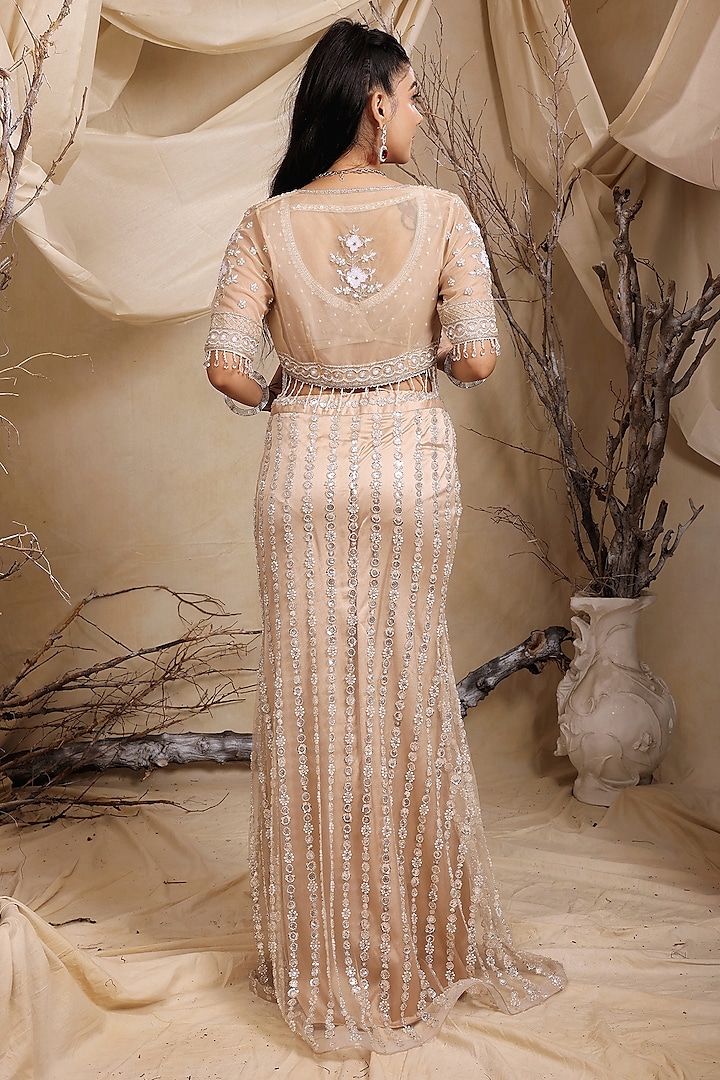 Beige Tulle & Organza Sequins Hand Embroidered Jacket Wedding Lehenga Set by LASHA at Pernia's Pop Up Shop