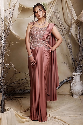 Onion Pink Italian Satin Pearls Hand Embroidered Pre-Draped Gown Saree by LASHA