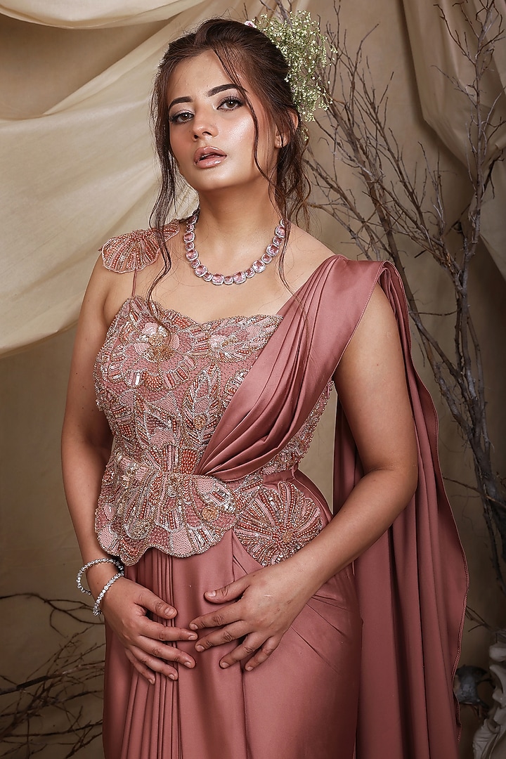 Onion Pink Italian Satin Pearls Hand Embroidered Pre-Draped Wedding Gown Saree by LASHA at Pernia's Pop Up Shop