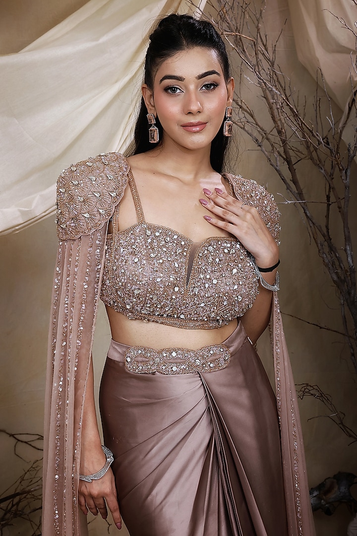 Mauve Italian Satin Sequins Hand Embroidered Cape Set by LASHA at Pernia's Pop Up Shop