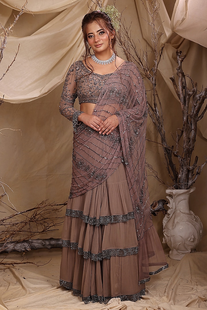 Grey Georgette Sequins Hand Embroidered Layered Pre-Draped Saree Set by LASHA