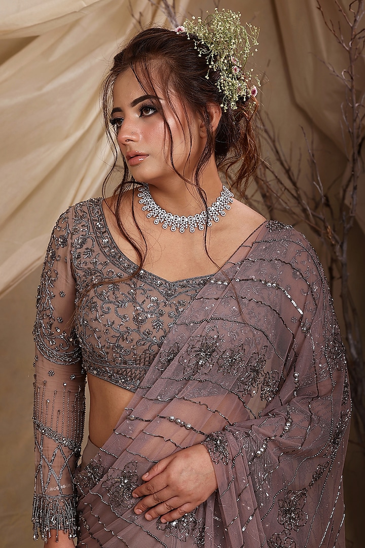 Grey Georgette Sequins Hand Embroidered Layered Pre-Draped Wedding Saree Set by LASHA at Pernia's Pop Up Shop