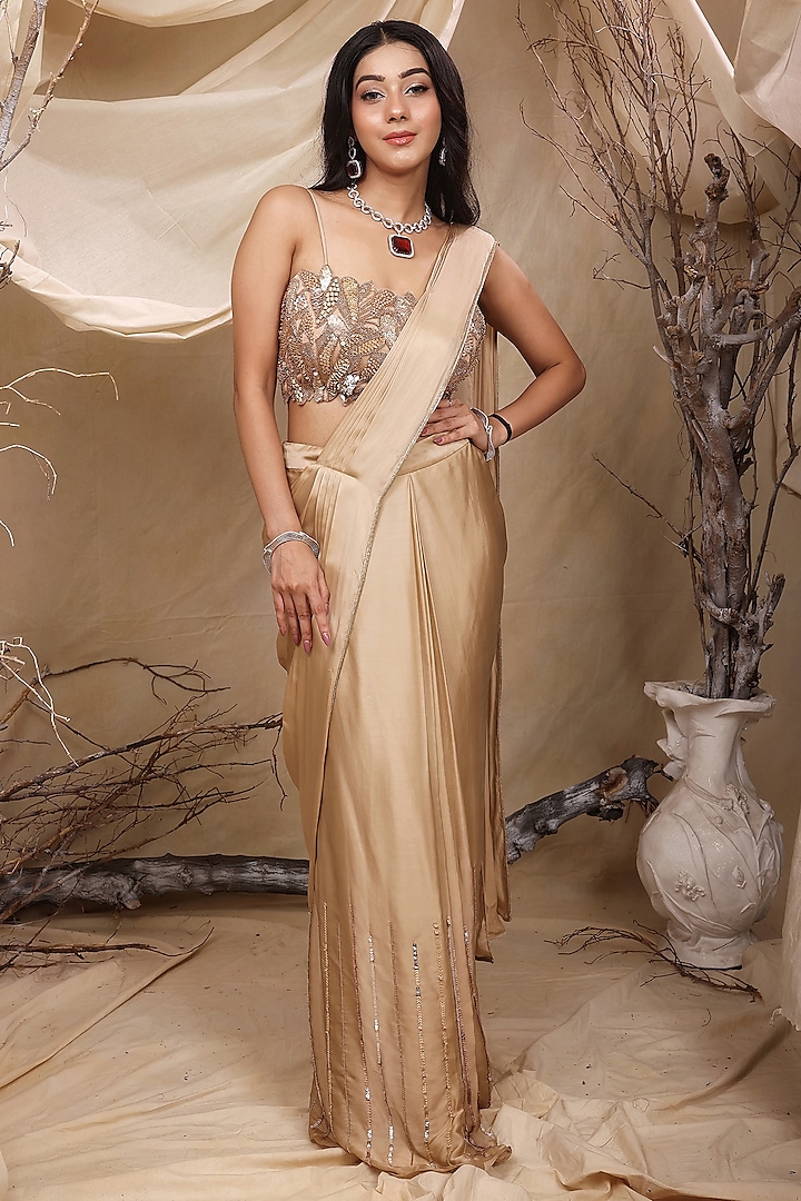 Gold Italian Satin Pre-Draped Saree Set by LASHA at Pernia's Pop Up Shop