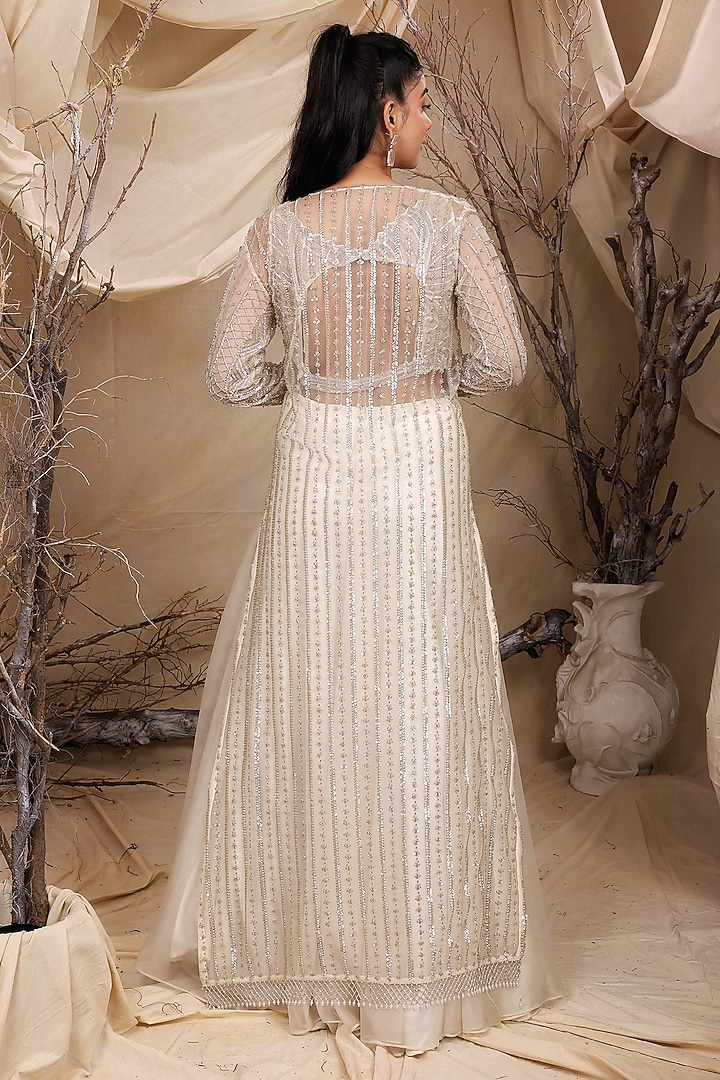 Ivory Organza Sequins Hand Embroidered Jacket Wedding Lehenga Set by LASHA at Pernia's Pop Up Shop