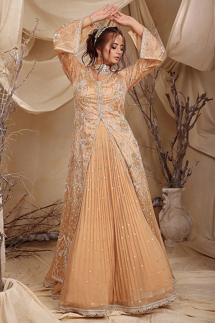 Gold Georgette & Satin Zardosi Hand Embroidered Jacket Lehenga Set by LASHA