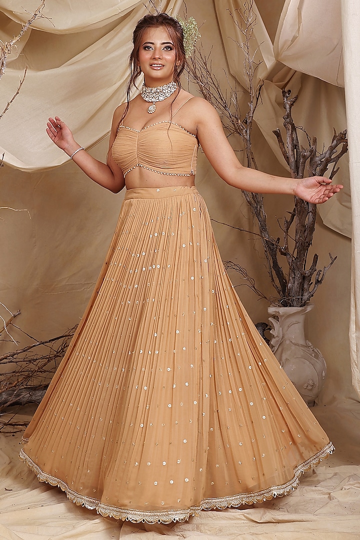 Gold Georgette & Satin Zardosi Hand Embroidered Jacket Wedding Lehenga Set by LASHA at Pernia's Pop Up Shop