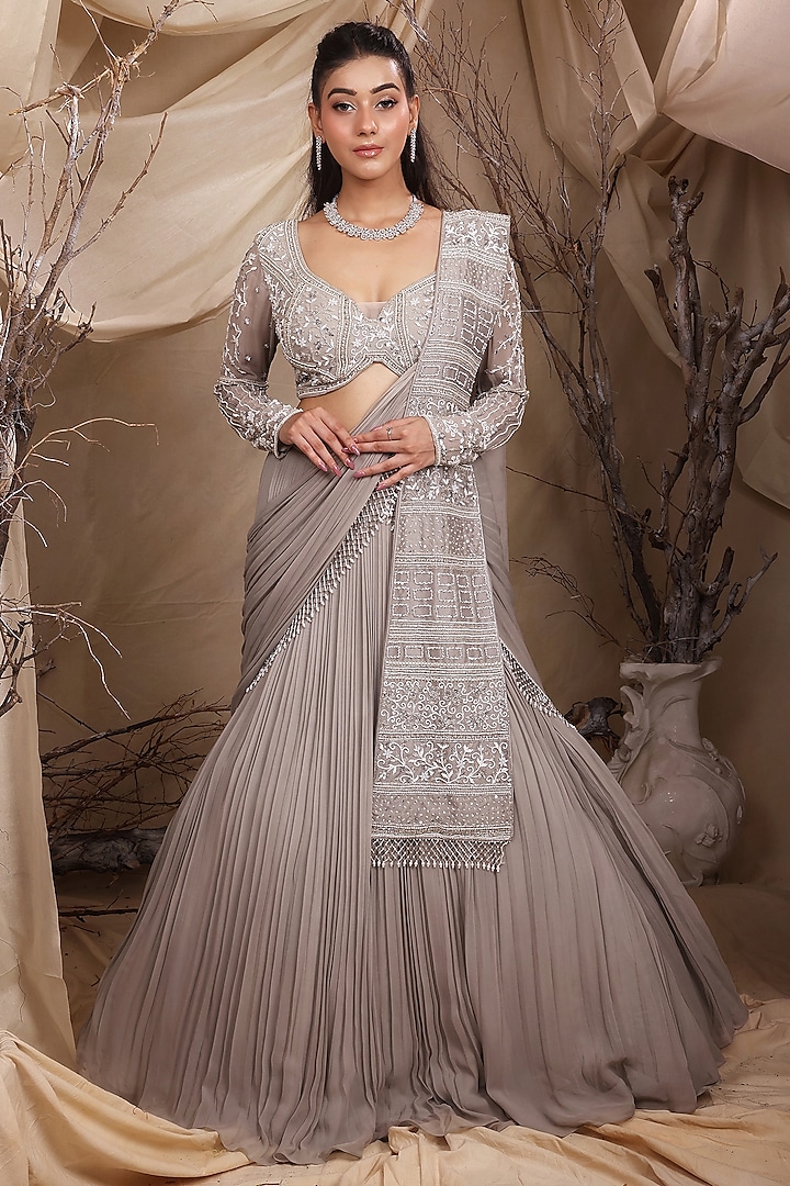 Grey Georgette & Organza Pleated Lehenga Set by LASHA