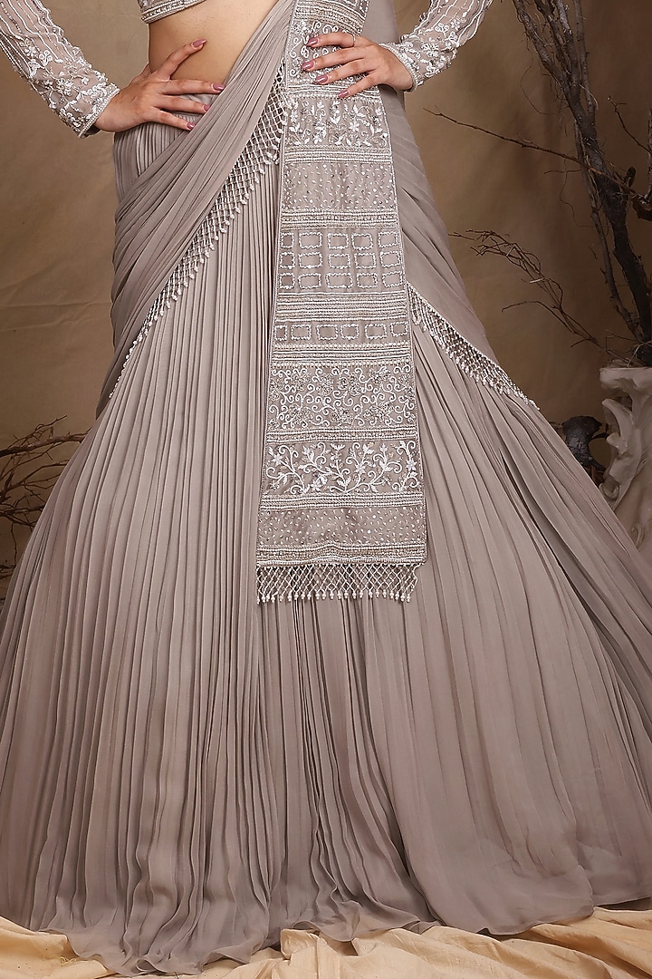 Grey Georgette & Organza Pleated Wedding Lehenga Set by LASHA at Pernia's Pop Up Shop