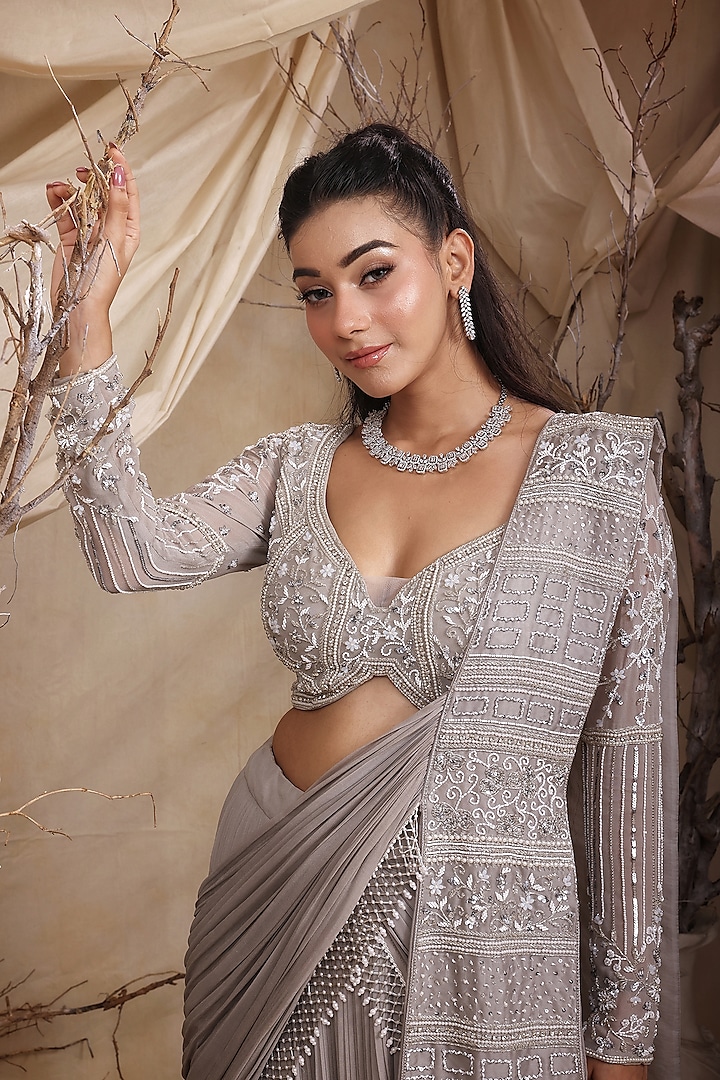 Grey Georgette & Organza Pleated Wedding Lehenga Set by LASHA at Pernia's Pop Up Shop