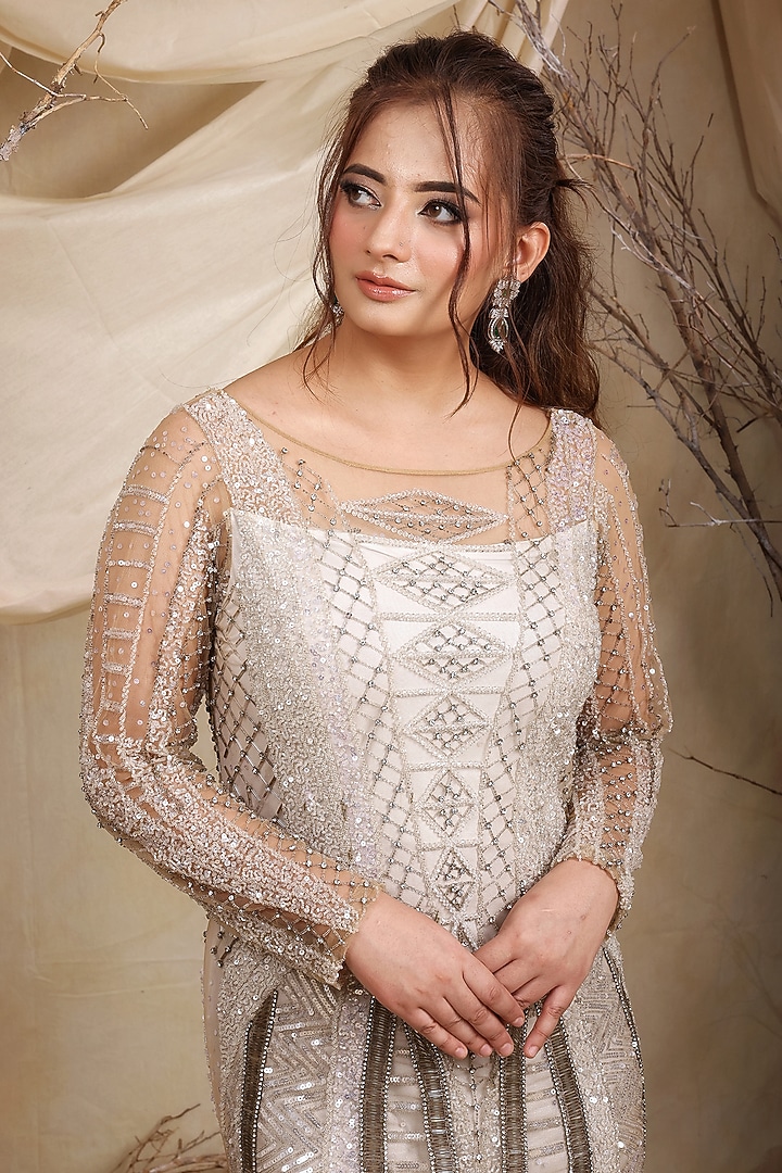 Ivory Tulle & Lycra Swarovski Hand Embroidered Engagement Gown by LASHA at Pernia's Pop Up Shop