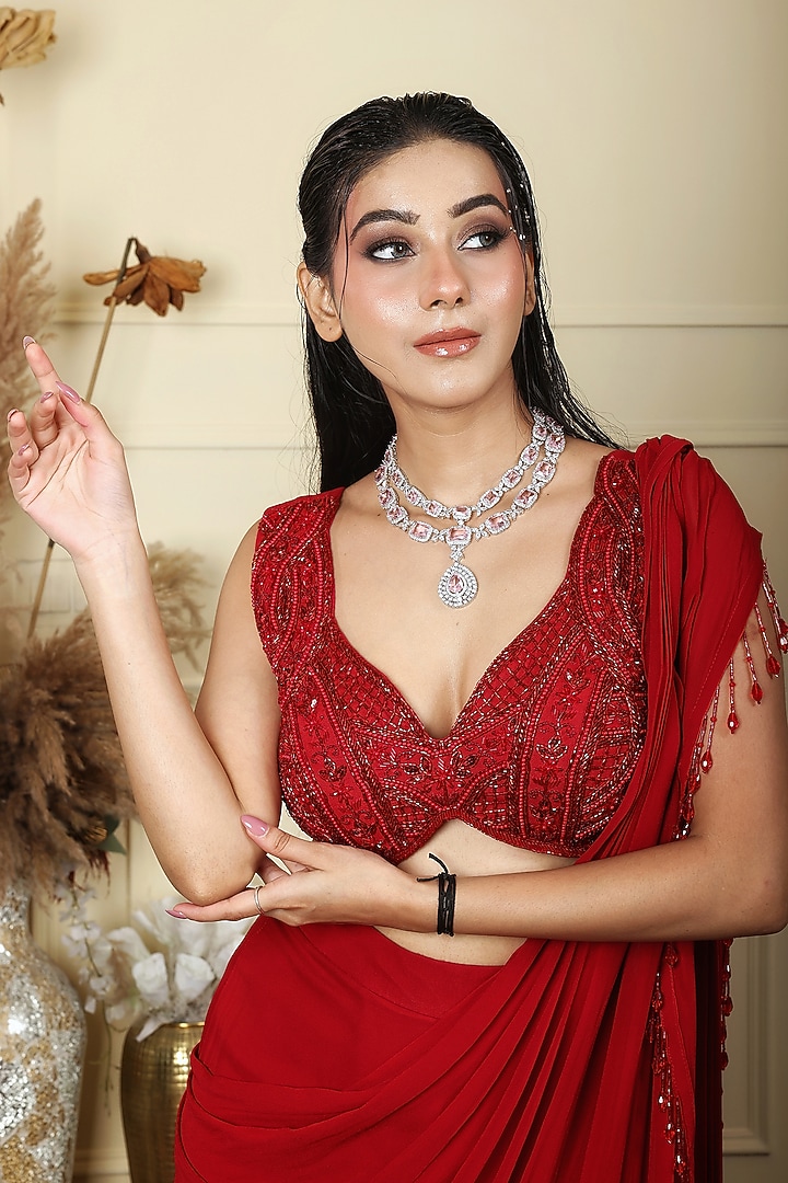 Red Georgette & Organza Crystal Hand Embroidered Jacket Set by LASHA at Pernia's Pop Up Shop