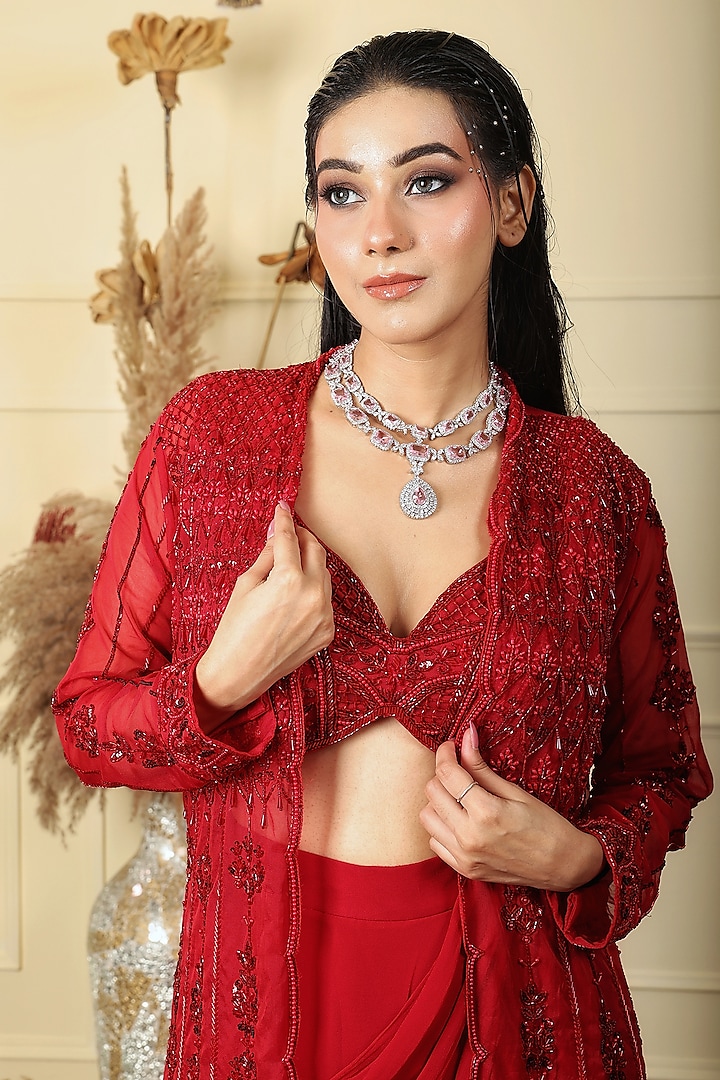 Red Georgette & Organza Crystal Hand Embroidered Jacket Set by LASHA at Pernia's Pop Up Shop