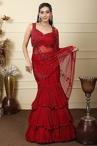 Red Georgette & Tulle Layered Mermaid Cut Lehenga Set by LASHA