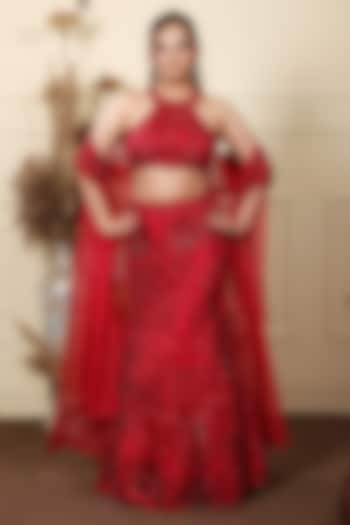 Red Organza & Crepe Sequins Hand Embroidered Lehenga Set by LASHA