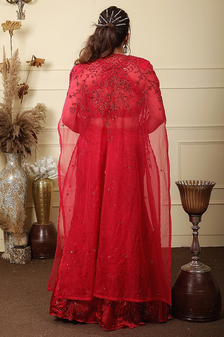Red Organza & Crepe Sequins Hand Embroidered Wedding Lehenga Set by LASHA at Pernia's Pop Up Shop