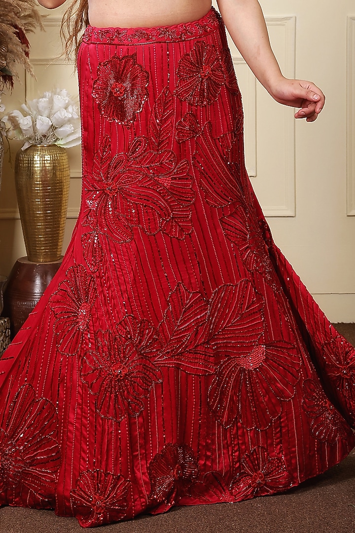 Red Organza & Crepe Sequins Hand Embroidered Wedding Lehenga Set by LASHA at Pernia's Pop Up Shop