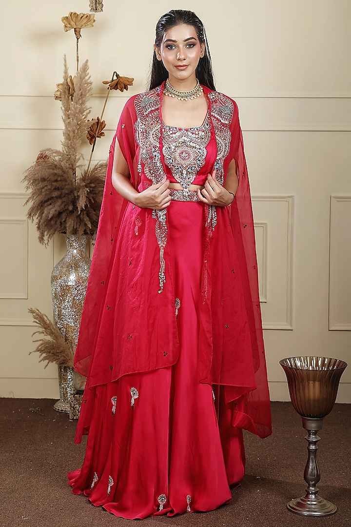 Reddish Pink Organza & Crepe Sequins Hand Embroidered Lehenga Set by LASHA