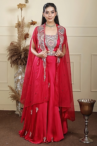 Reddish Pink Organza & Crepe Sequins Hand Embroidered Lehenga Set by LASHA