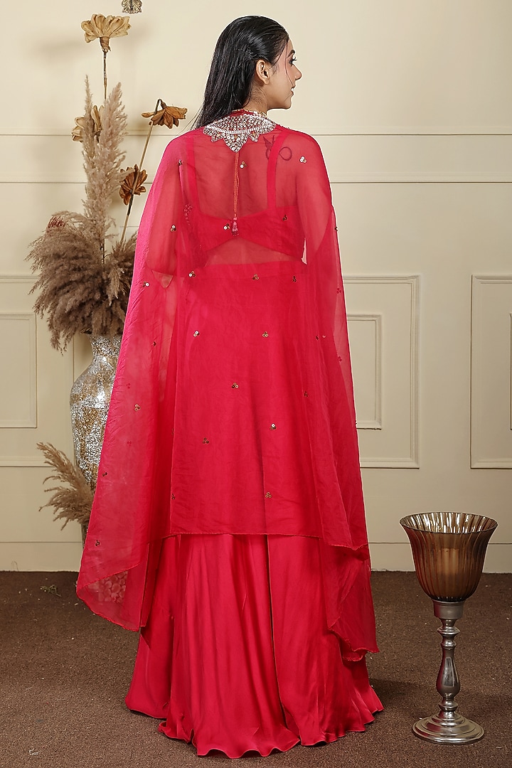 Reddish Pink Organza & Crepe Sequins Hand Embroidered Wedding Lehenga Set by LASHA at Pernia's Pop Up Shop