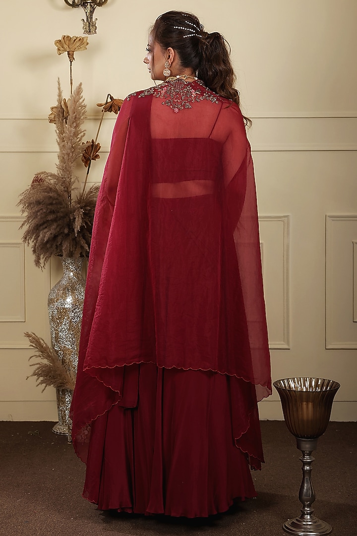 Wine Georgette & Organza Tiered Skirt Set by LASHA at Pernia's Pop Up Shop