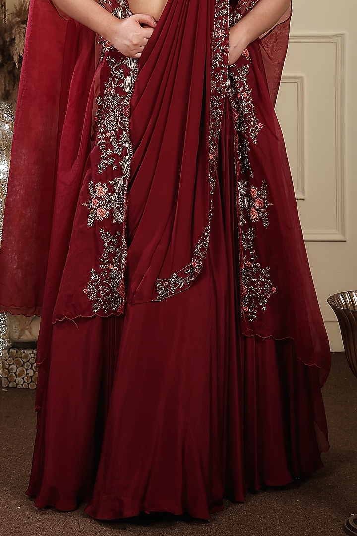 Wine Georgette & Organza Tiered Skirt Set by LASHA at Pernia's Pop Up Shop