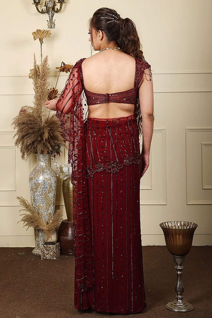 Wine Georgette Crystal Hand Embroidered Pre-Draped Wedding Saree Set by LASHA at Pernia's Pop Up Shop