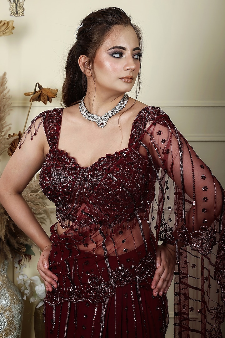 Wine Georgette Crystal Hand Embroidered Pre-Draped Wedding Saree Set by LASHA at Pernia's Pop Up Shop