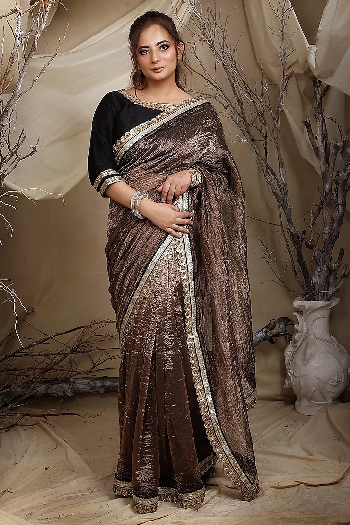 Bronze Tissue Organza Zari Embroidered Saree Set by LASHA at Pernia's Pop Up Shop