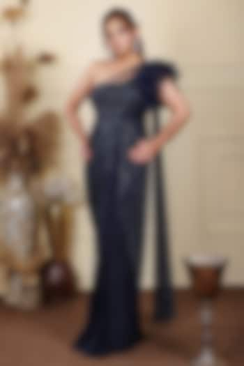 Navy Blue Crepe Sequins Hand Embroidered Draped Gown by LASHA at Pernia's Pop Up Shop