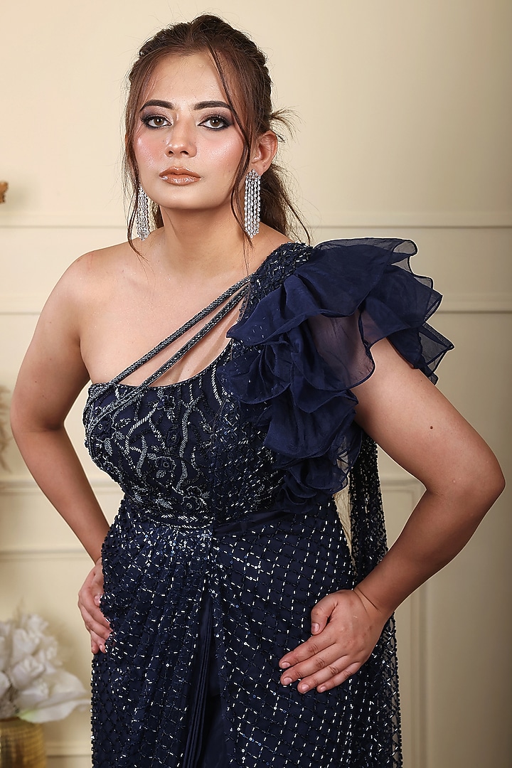 Navy Blue Crepe Sequins Hand Embroidered Draped Engagement Gown by LASHA at Pernia's Pop Up Shop