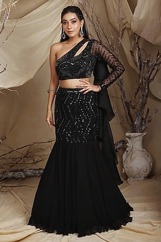 Black Organza Crystal Hand Embroidered Mermaid Lehenga Set by LASHA