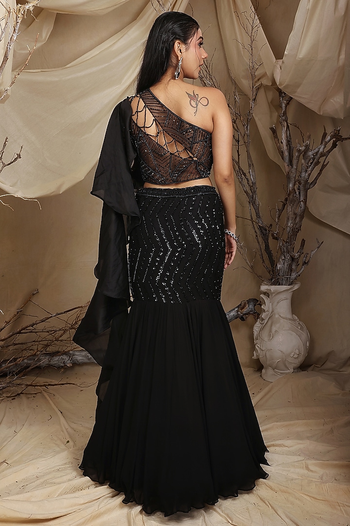 Black Organza Crystal Hand Embroidered Mermaid Wedding Lehenga Set by LASHA at Pernia's Pop Up Shop