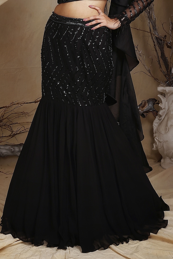 Black Organza Crystal Hand Embroidered Mermaid Wedding Lehenga Set by LASHA at Pernia's Pop Up Shop
