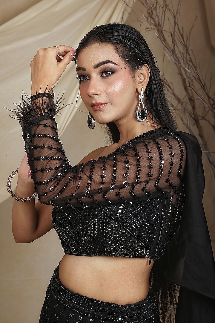 Black Organza Crystal Hand Embroidered Mermaid Wedding Lehenga Set